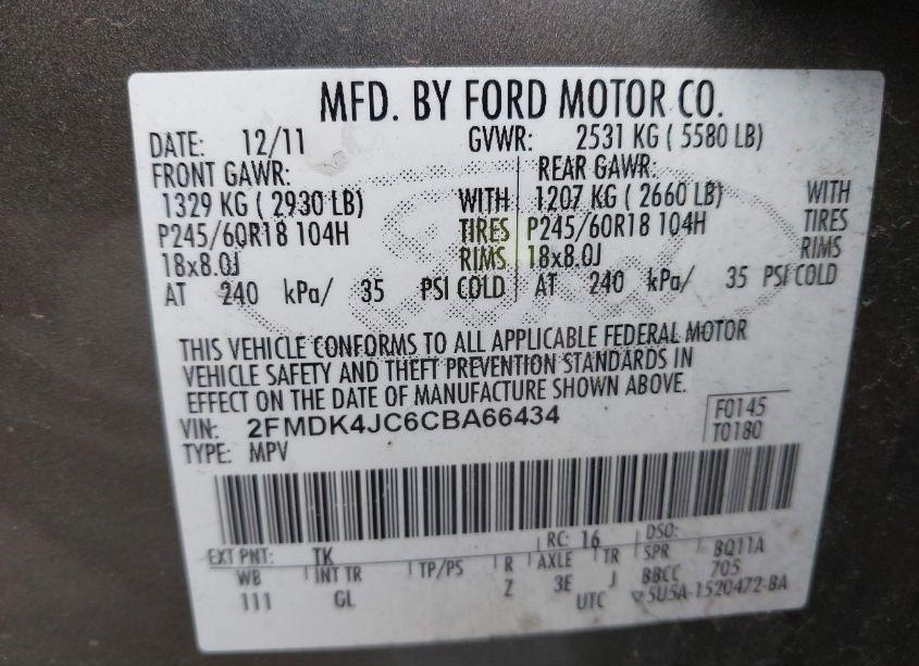 Photo 9 of 2012 Ford Edge SEL (VIN 2FMDK4JC6CBA66434)