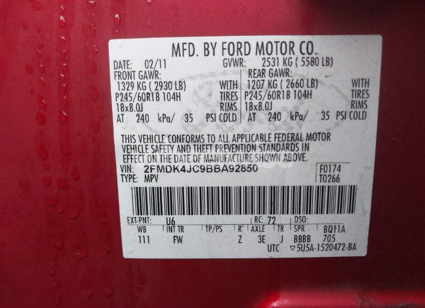 Photo 9 of 2011 Ford Edge SEL (VIN 2FMDK4JC9BBA92850)