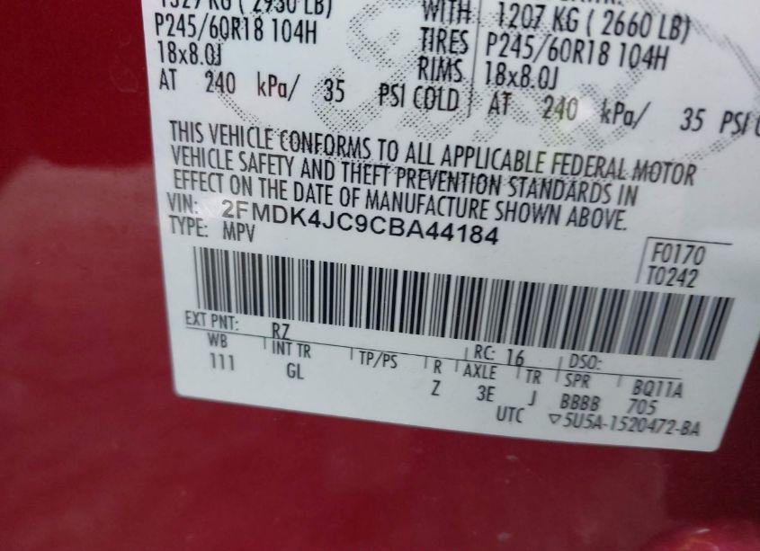 Photo 9 of 2012 Ford Edge SEL (VIN 2FMDK4JC9CBA44184)