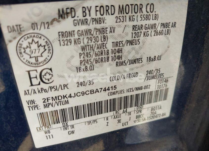 Photo 9 of 2012 Ford Edge SEL (VIN 2FMDK4JC9CBA74415)