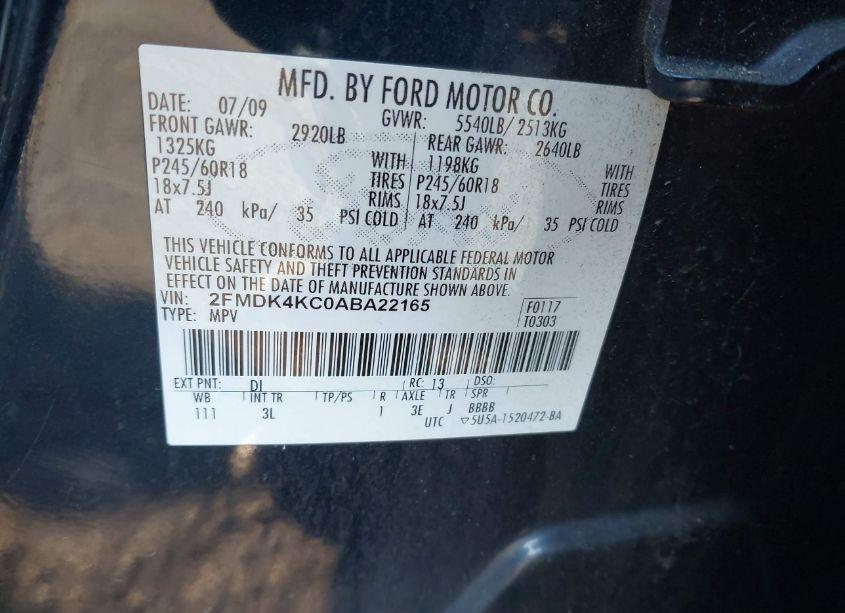 Photo 9 of 2010 Ford Edge LIMITED (VIN 2FMDK4KC0ABA22165)