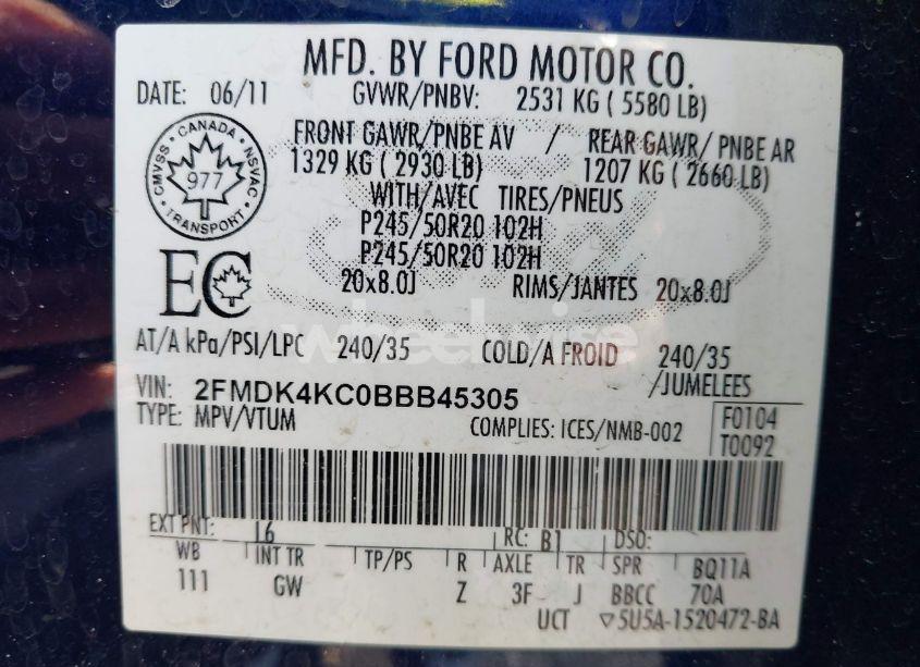 Photo 9 of 2011 Ford Edge LIMITED (VIN 2FMDK4KC0BBB45305)