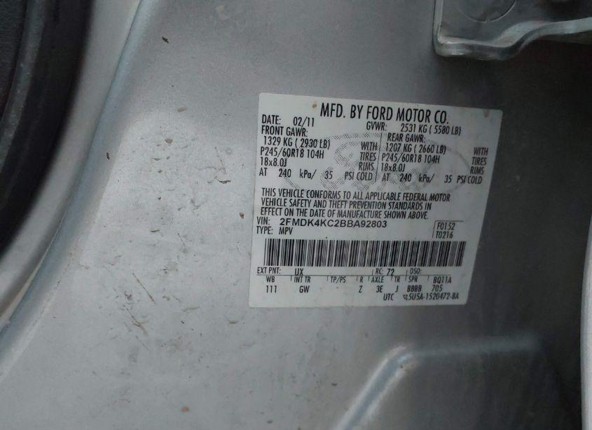 Photo 9 of 2011 Ford Edge LIMITED (VIN 2FMDK4KC2BBA92803)