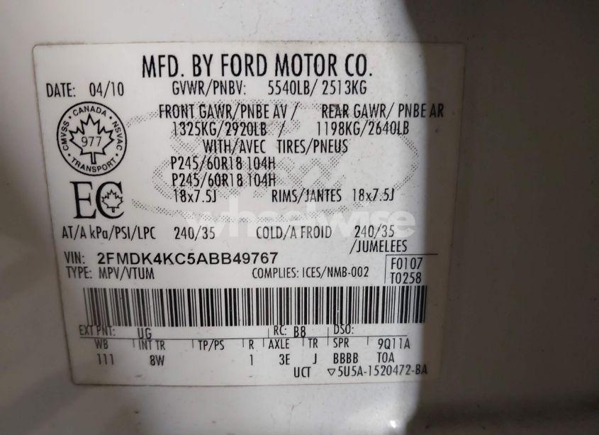 Photo 9 of 2010 Ford Edge LIMITED (VIN 2FMDK4KC5ABB49767)