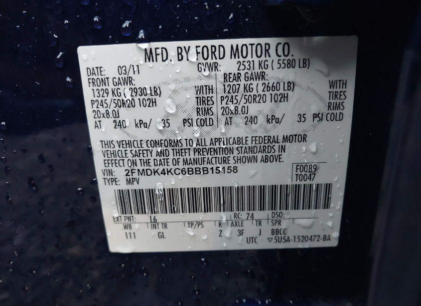 Photo 9 of 2011 Ford Edge LIMITED (VIN 2FMDK4KC6BBB15158)