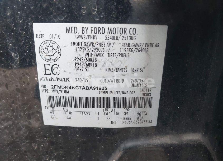 Photo 9 of 2010 Ford Edge LIMITED (VIN 2FMDK4KC7ABA91905)