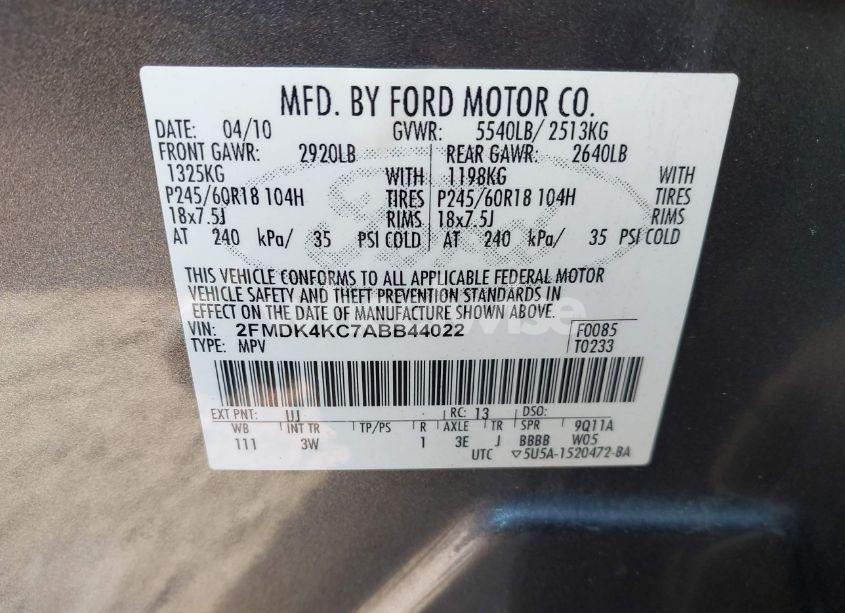 Photo 9 of 2010 Ford Edge LIMITED (VIN 2FMDK4KC7ABB44022)