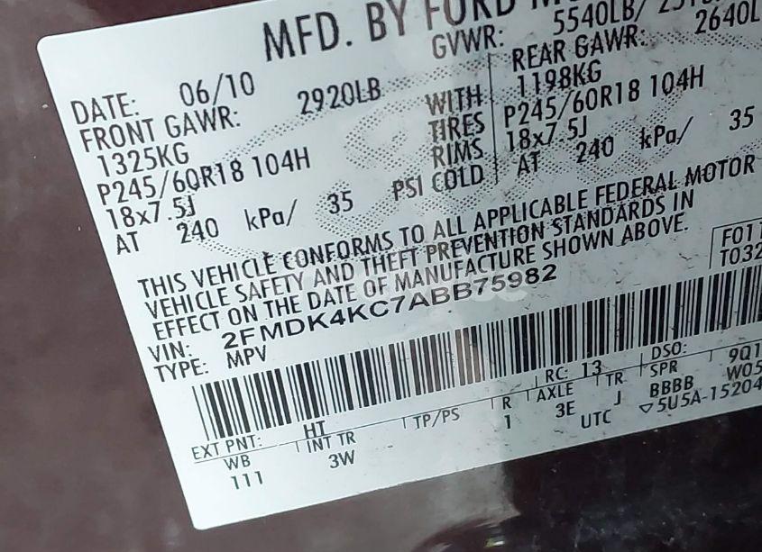 Photo 9 of 2010 Ford Edge LIMITED (VIN 2FMDK4KC7ABB75982)