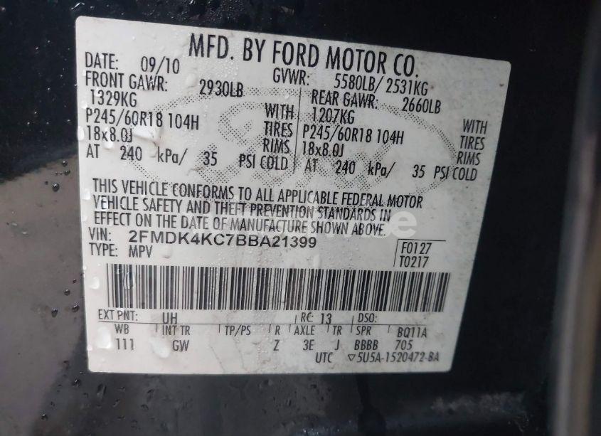 Photo 9 of 2011 Ford Edge LIMITED (VIN 2FMDK4KC7BBA21399)