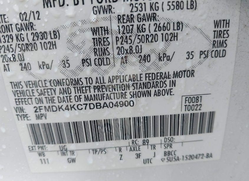 Photo 9 of 2013 Ford Edge LIMITED (VIN 2FMDK4KC7DBA04900)