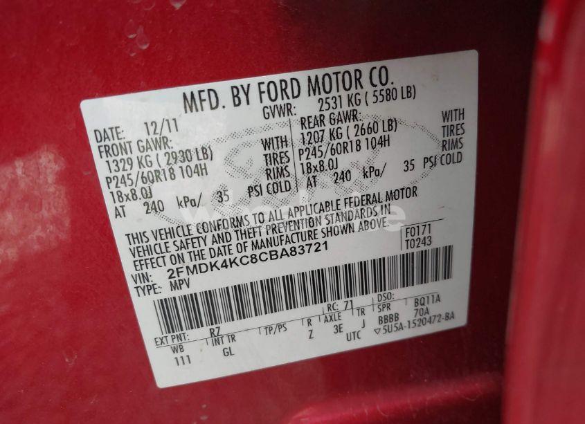 Photo 9 of 2012 Ford Edge LIMITED (VIN 2FMDK4KC8CBA83721)