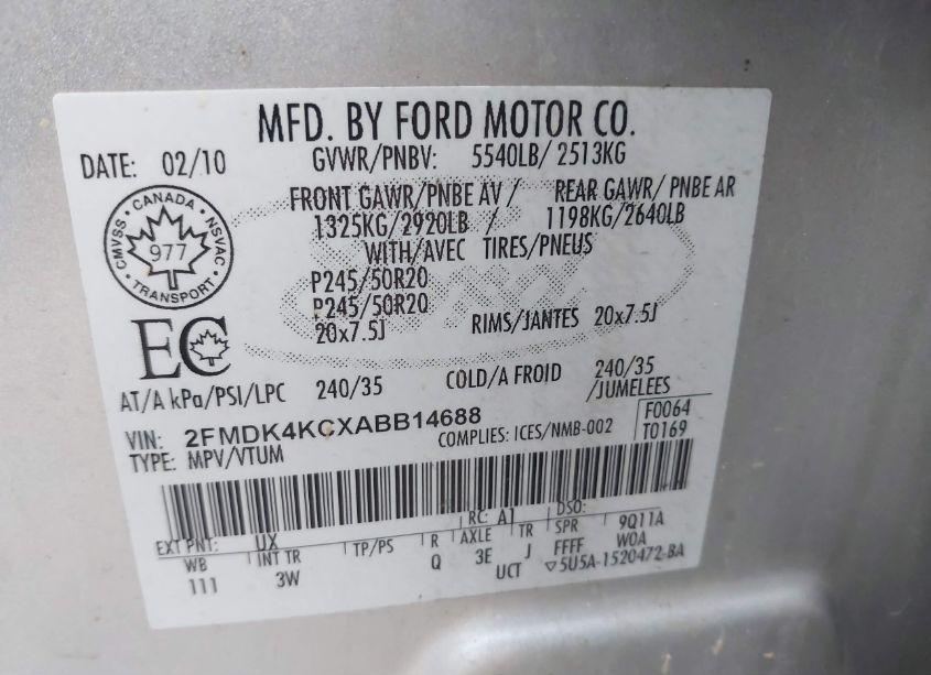 Photo 9 of 2010 Ford Edge LIMITED (VIN 2FMDK4KCXABB14688)