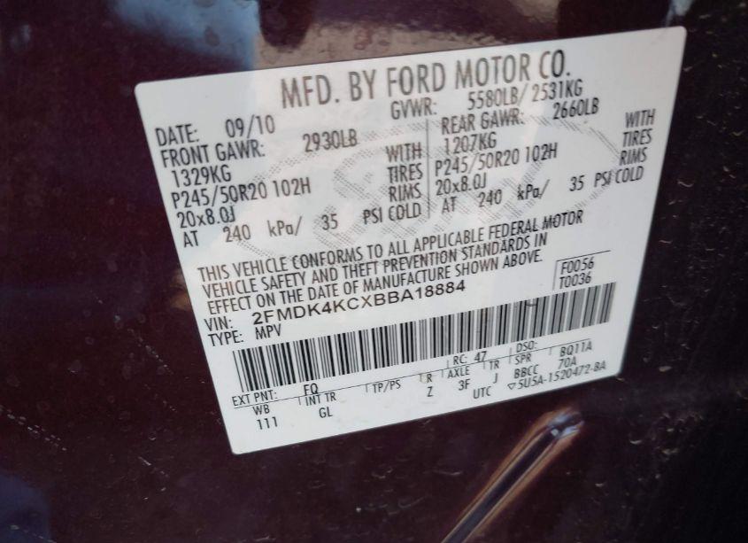 Photo 9 of 2011 Ford Edge LIMITED (VIN 2FMDK4KCXBBA18884)