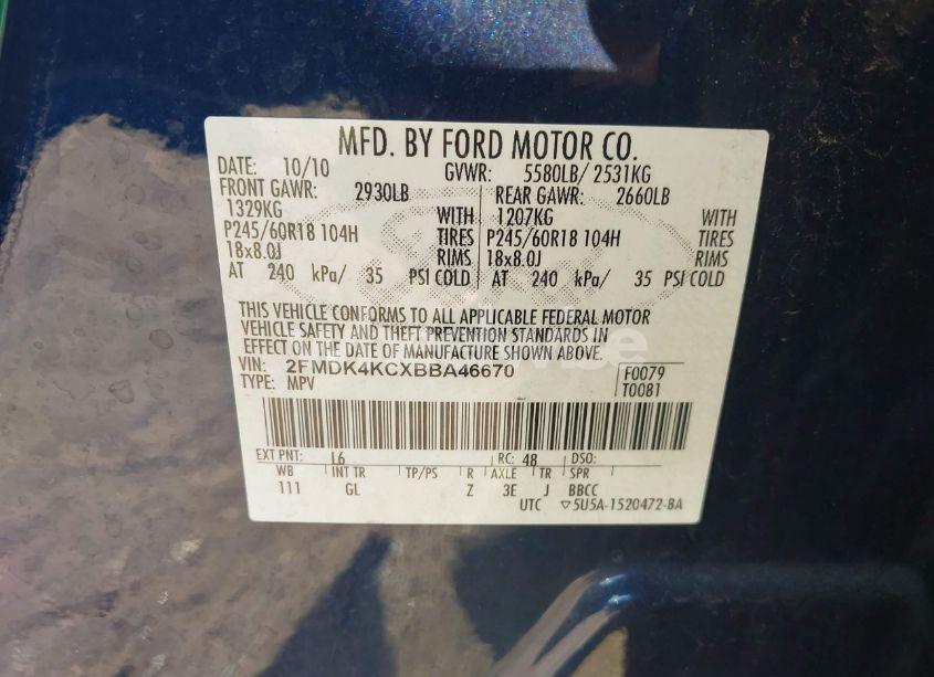 Photo 9 of 2011 Ford Edge LIMITED (VIN 2FMDK4KCXBBA46670)