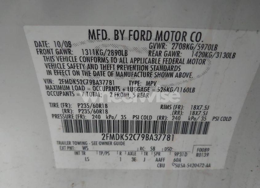 Photo 9 of 2009 Ford Flex SEL (VIN 2FMDK52C79BA37781)