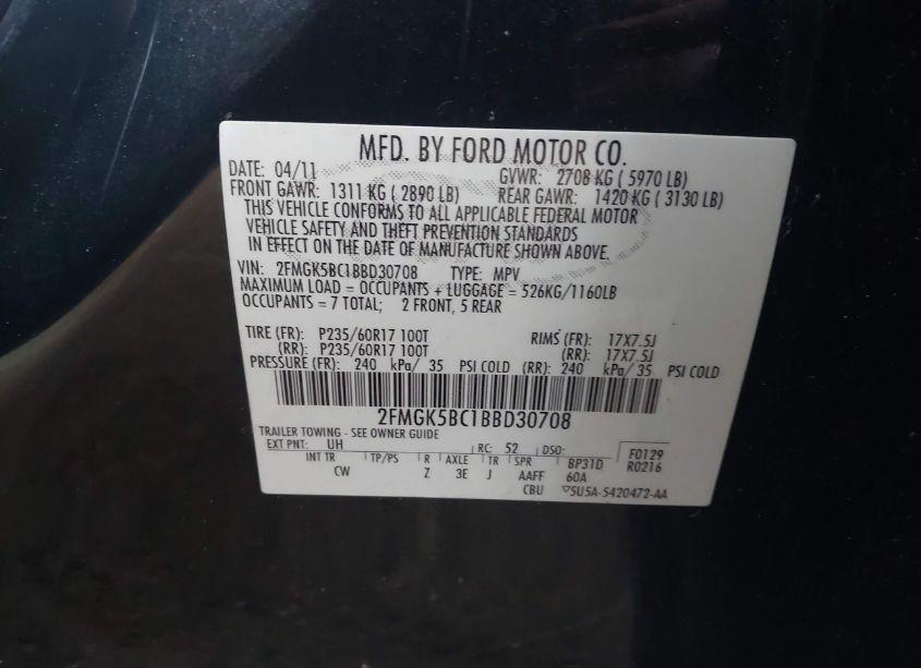 Photo 9 of 2011 Ford Flex SE (VIN 2FMGK5BC1BBD30708)