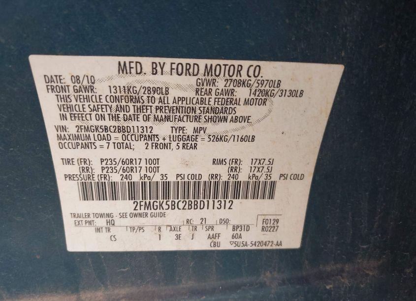 Photo 9 of 2011 Ford Flex SE (VIN 2FMGK5BC2BBD11312)