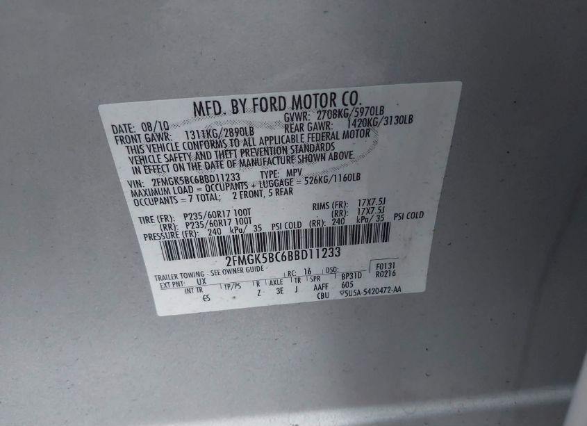 Photo 9 of 2011 Ford Flex SE (VIN 2FMGK5BC6BBD11233)