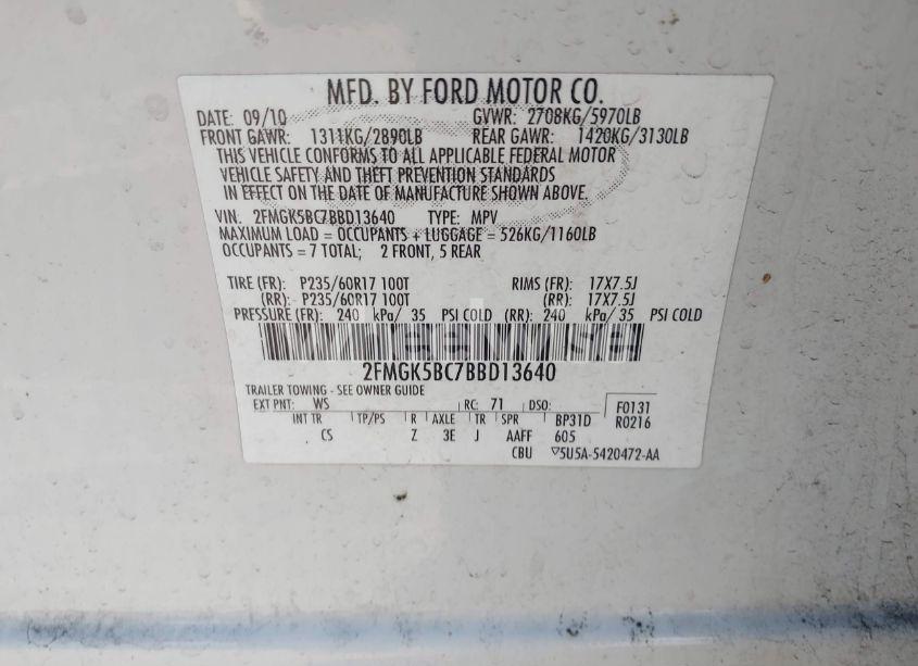 Photo 9 of 2011 Ford Flex SE (VIN 2FMGK5BC7BBD13640)