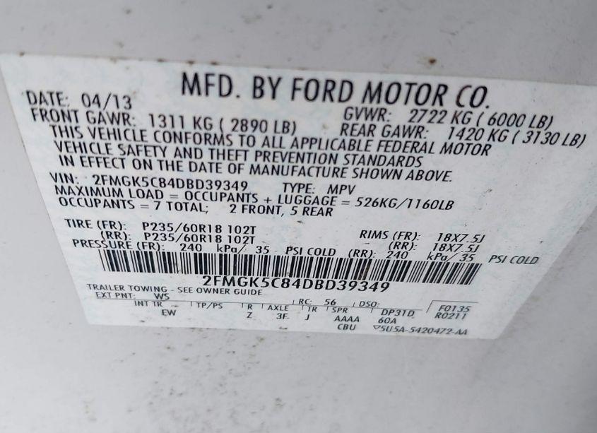 Photo 9 of 2013 Ford Flex SEL (VIN 2FMGK5C84DBD39349)