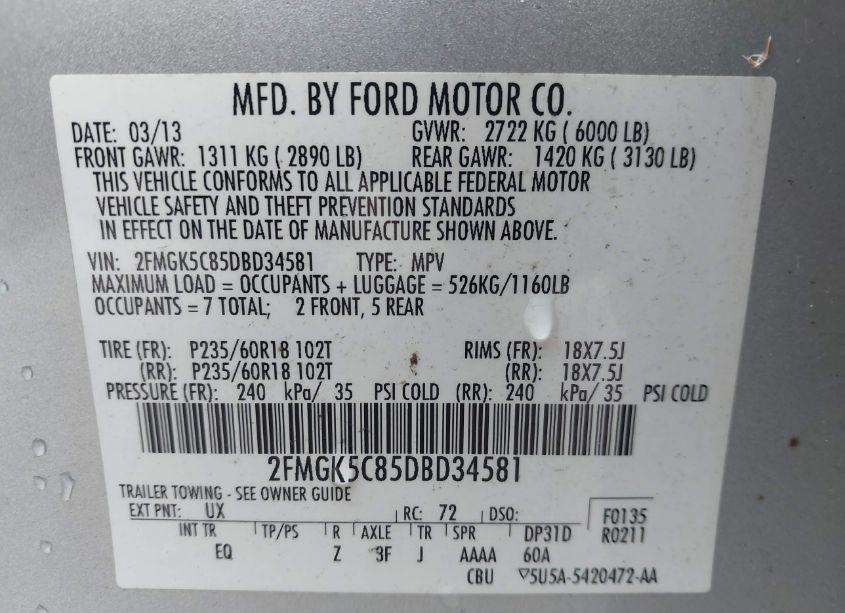 Photo 9 of 2013 Ford Flex SEL (VIN 2FMGK5C85DBD34581)