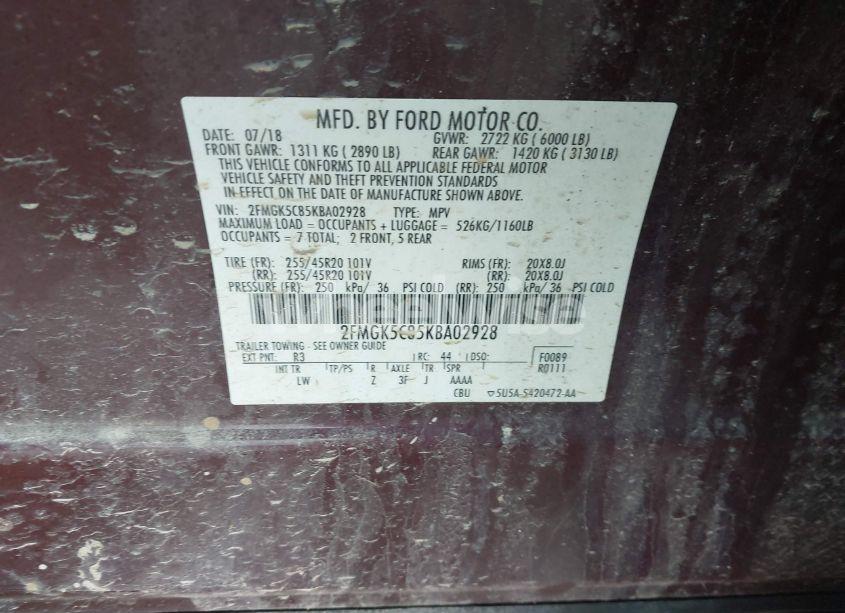 Photo 9 of 2019 Ford Flex SEL (VIN 2FMGK5C85KBA02928)