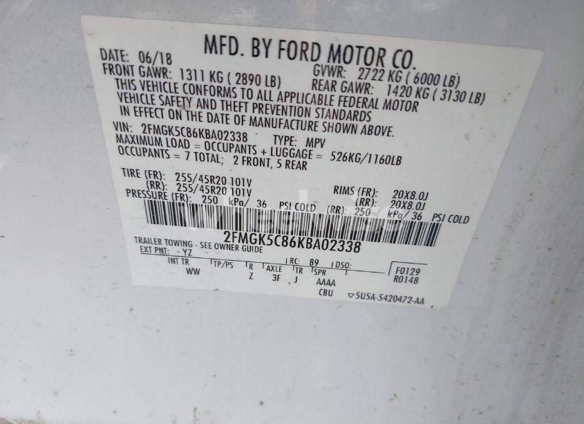 Photo 9 of 2019 Ford Flex SEL (VIN 2FMGK5C86KBA02338)