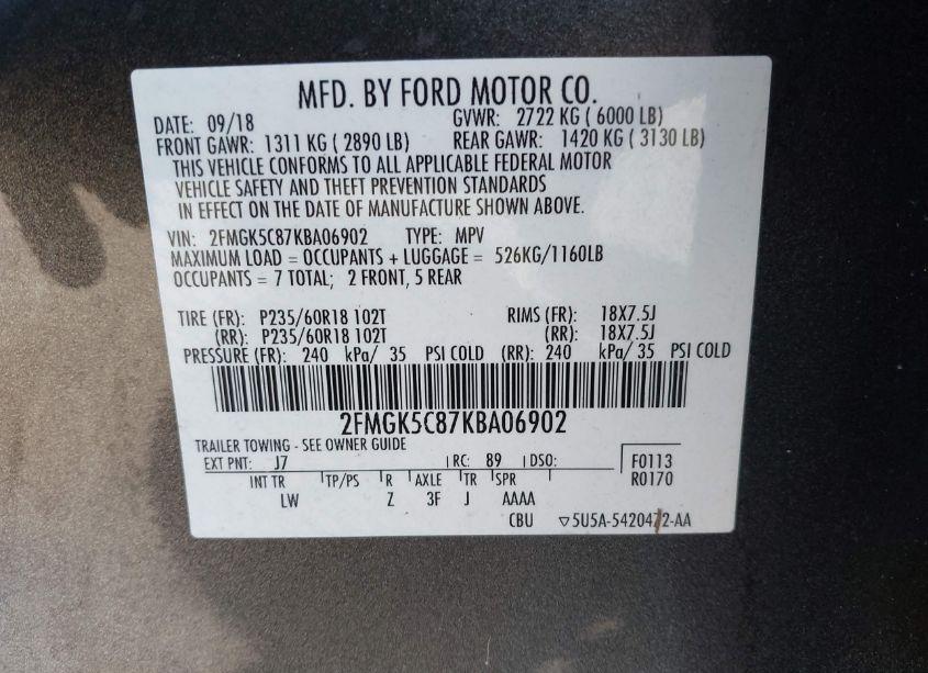 Photo 9 of 2019 Ford Flex SEL (VIN 2FMGK5C87KBA06902)