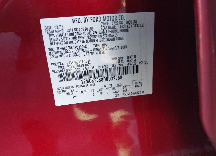 Photo 9 of 2013 Ford Flex SEL (VIN 2FMGK5C88DBD32968)