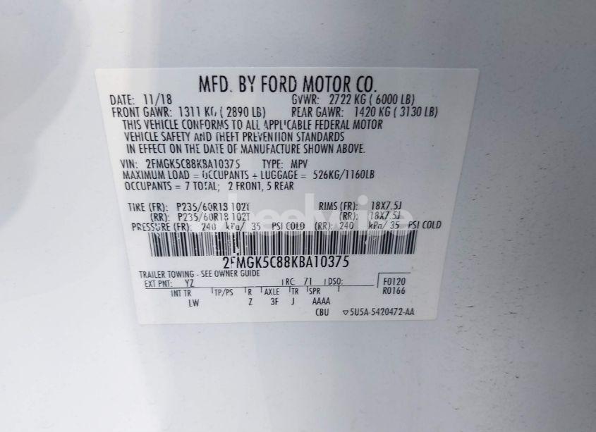 Photo 9 of 2019 Ford Flex SEL (VIN 2FMGK5C88KBA10375)