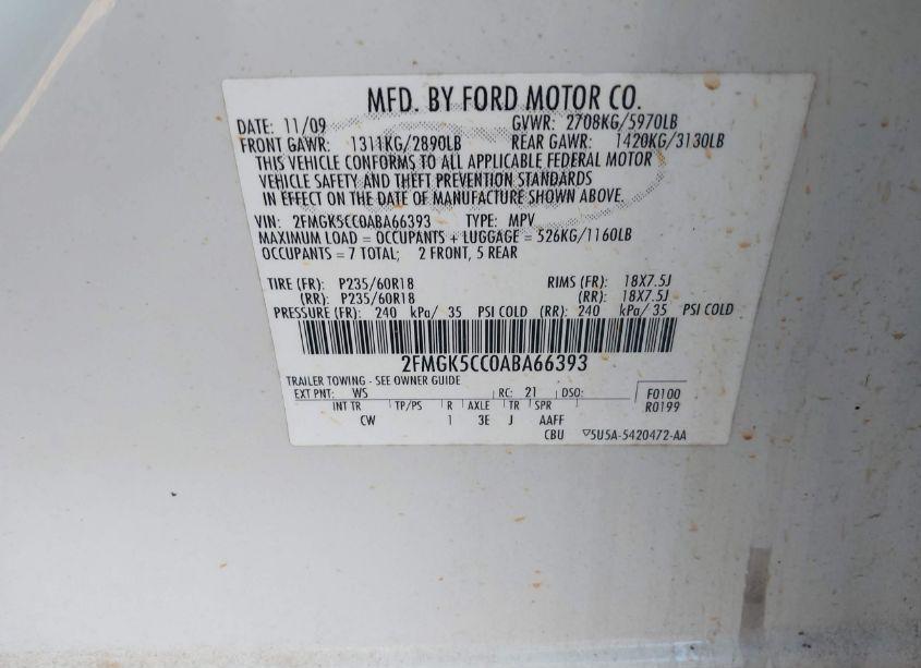 Photo 9 of 2010 Ford Flex SEL (VIN 2FMGK5CC0ABA66393)