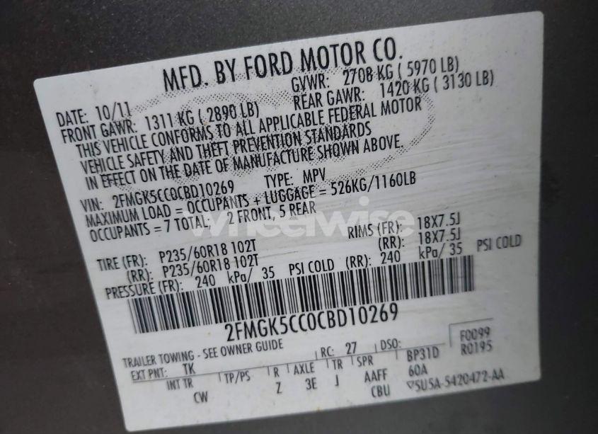 Photo 9 of 2012 Ford Flex SEL (VIN 2FMGK5CC0CBD10269)