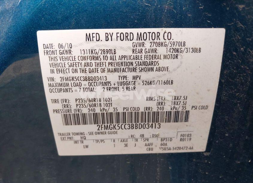 Photo 9 of 2011 Ford Flex SEL (VIN 2FMGK5CC3BBD03413)