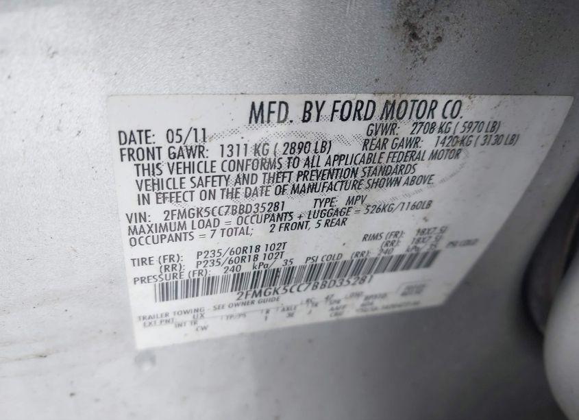 Photo 9 of 2011 Ford Flex SEL (VIN 2FMGK5CC7BBD35281)