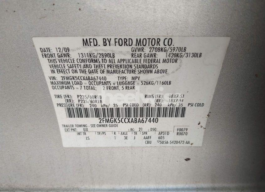 Photo 9 of 2010 Ford Flex SEL (VIN 2FMGK5CCXABA67440)