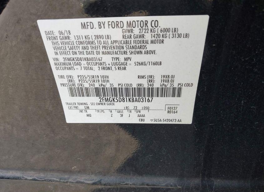 Photo 9 of 2019 Ford Flex LIMITED (VIN 2FMGK5D81KBA03167)
