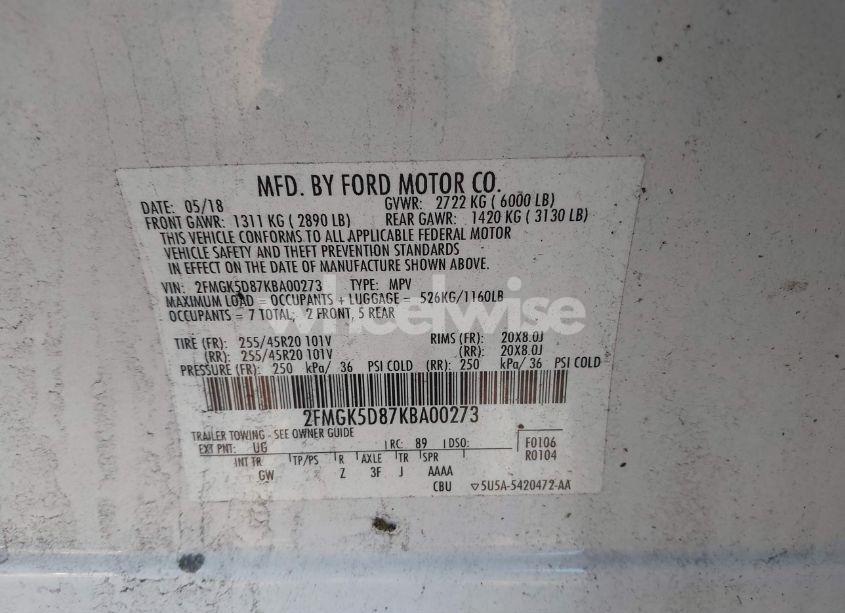 Photo 9 of 2019 Ford Flex LIMITED (VIN 2FMGK5D87KBA00273)