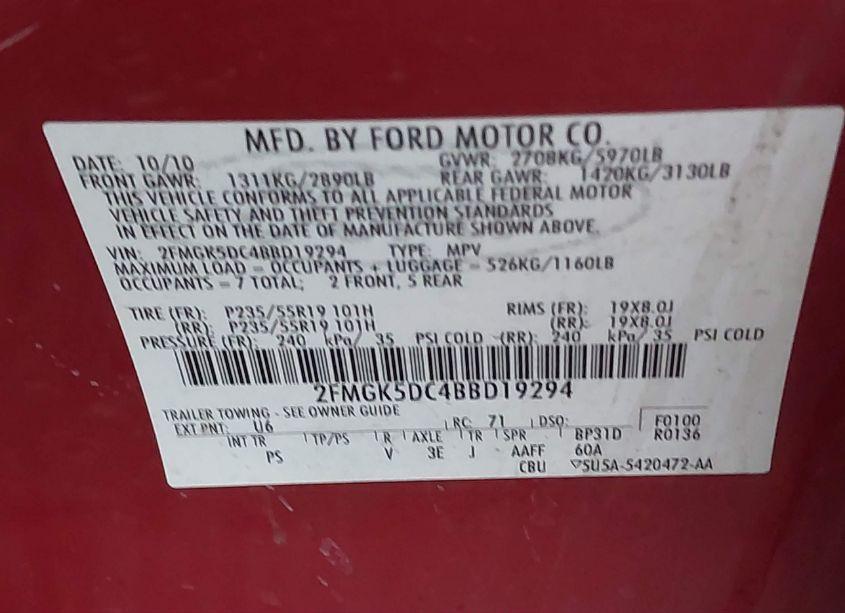 Photo 9 of 2011 Ford Flex LIMITED (VIN 2FMGK5DC4BBD19294)