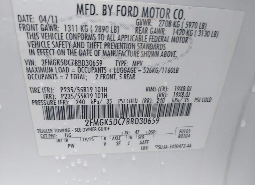 Photo 9 of 2011 Ford Flex LIMITED (VIN 2FMGK5DC7BBD30659)