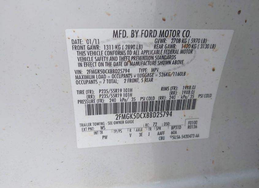 Photo 9 of 2011 Ford Flex LIMITED (VIN 2FMGK5DCXBBD25794)