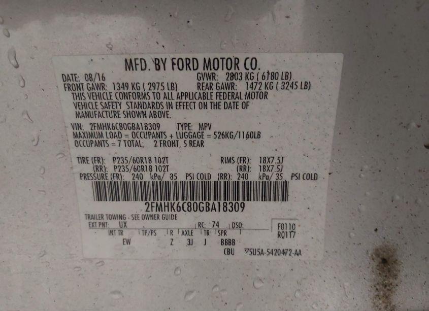 Photo 9 of 2016 Ford Flex SEL (VIN 2FMHK6C80GBA18309)