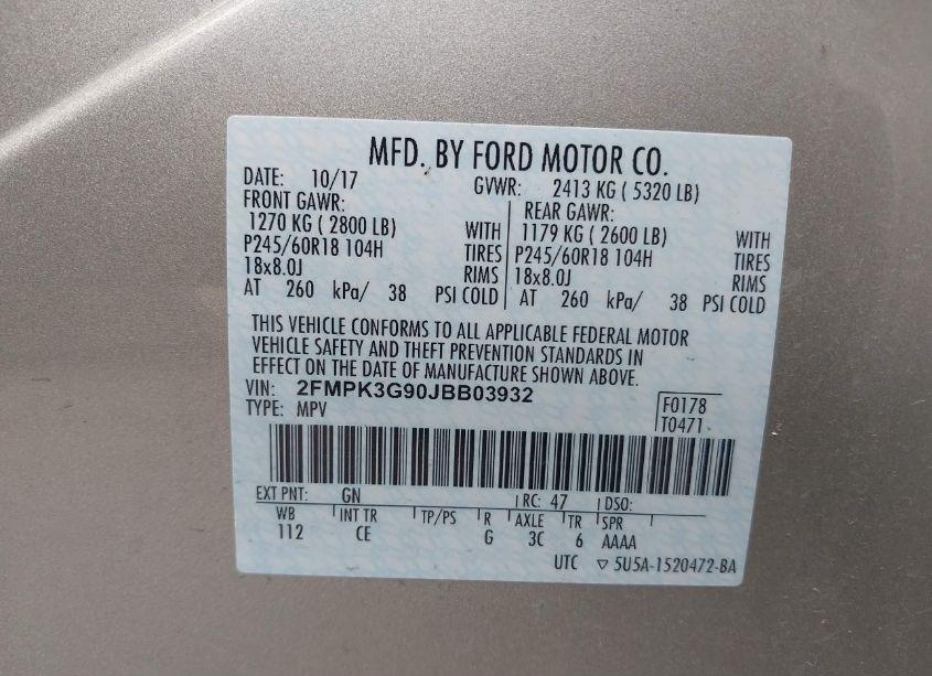 Photo 9 of 2018 Ford Edge SE (VIN 2FMPK3G90JBB03932)