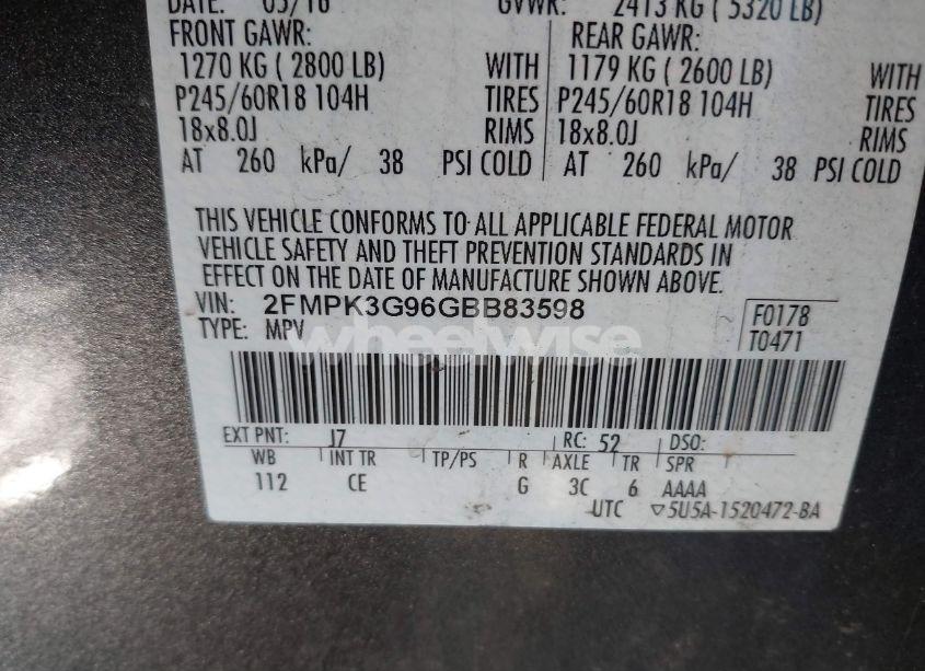 Photo 9 of 2016 Ford Edge SE (VIN 2FMPK3G96GBB83598)