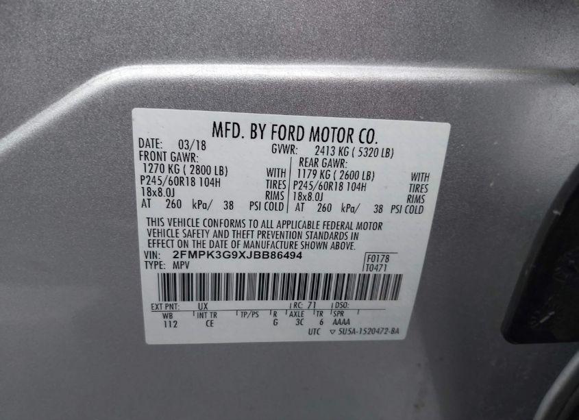 Photo 9 of 2018 Ford Edge SE (VIN 2FMPK3G9XJBB86494)