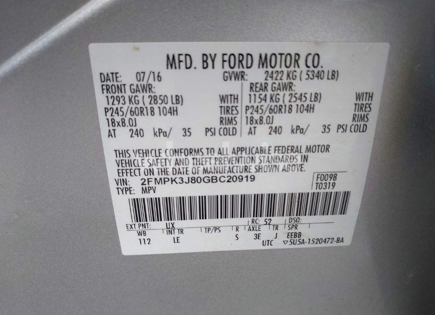 Photo 9 of 2016 Ford Edge SEL (VIN 2FMPK3J80GBC20919)