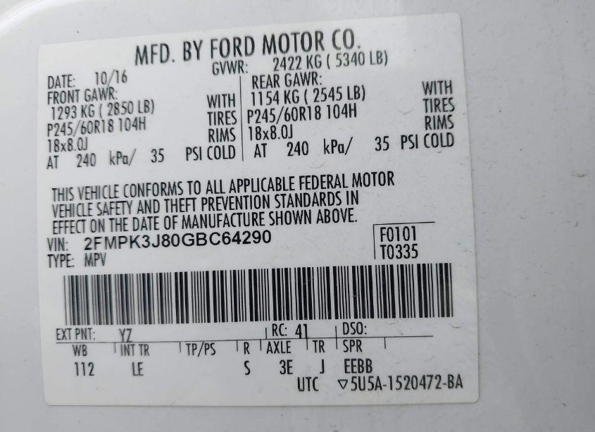 Photo 9 of 2016 Ford Edge SEL (VIN 2FMPK3J80GBC64290)