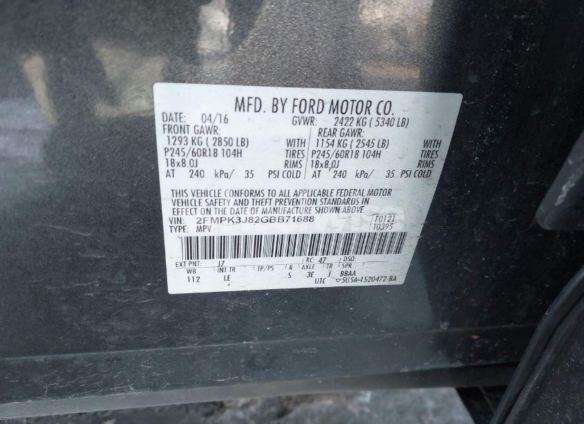 Photo 9 of 2016 Ford Edge SEL (VIN 2FMPK3J82GBB71688)