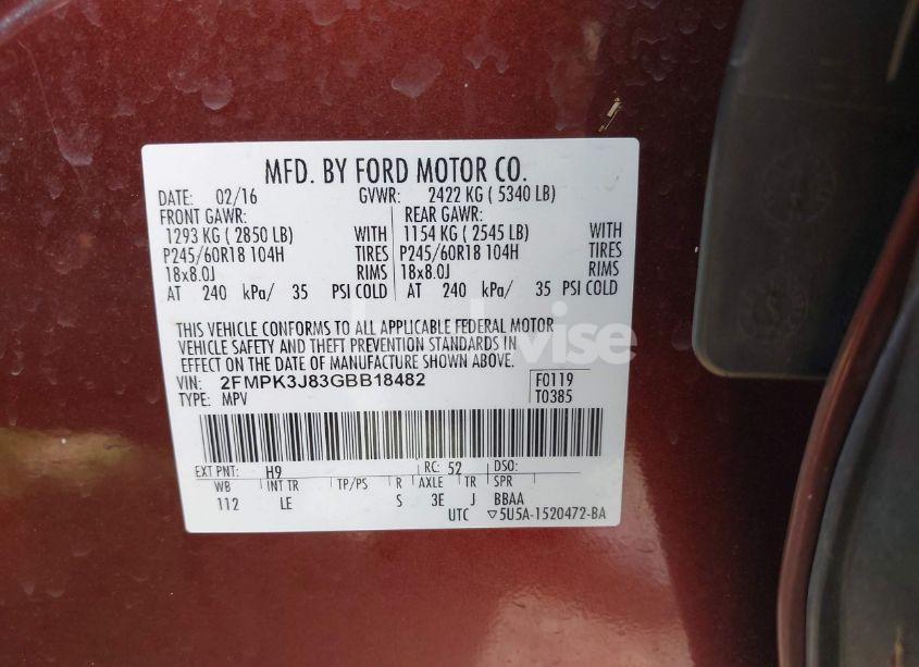 Photo 9 of 2016 Ford Edge SEL (VIN 2FMPK3J83GBB18482)