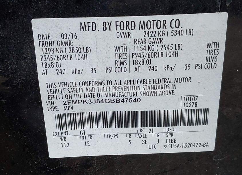 Photo 9 of 2016 Ford Edge SEL (VIN 2FMPK3J84GBB47540)