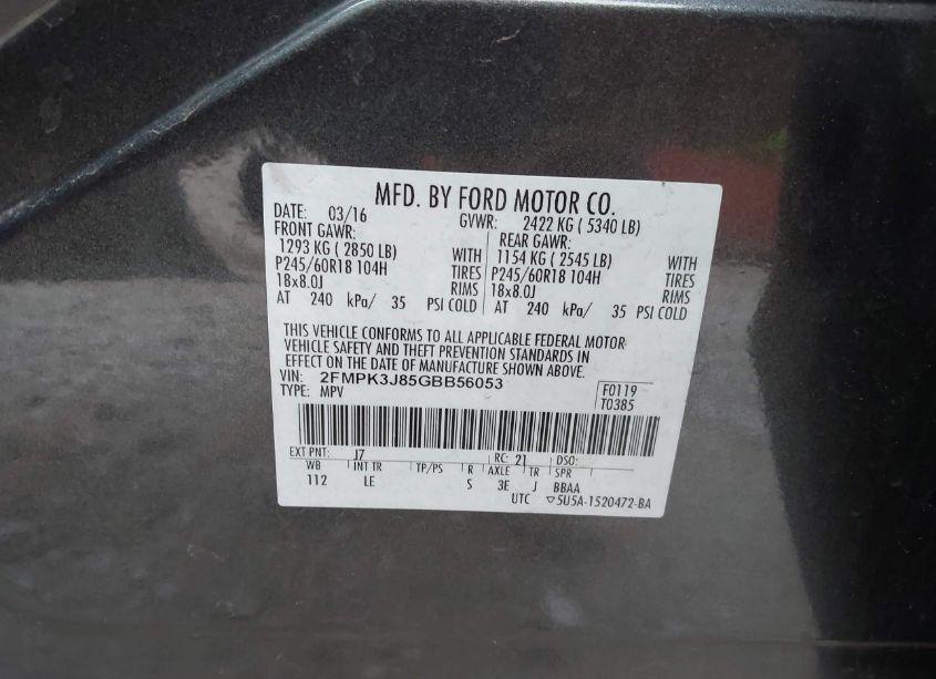 Photo 9 of 2016 Ford Edge SEL (VIN 2FMPK3J85GBB56053)